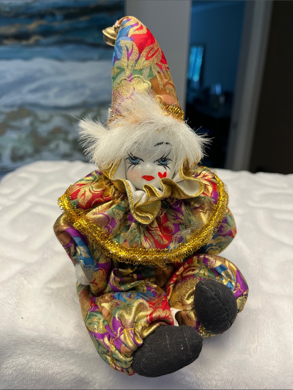 Vintage Harlequin Porcelain Clown Figurine with Gold Trim - Home Accents Decor